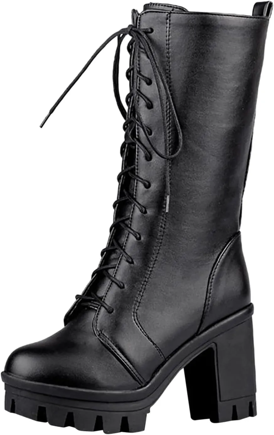 Black Boots For Women Women's Gothic Platform Thick High Heels Boots Villi Inner Layer Mid Calf Lace Up Casual Boots