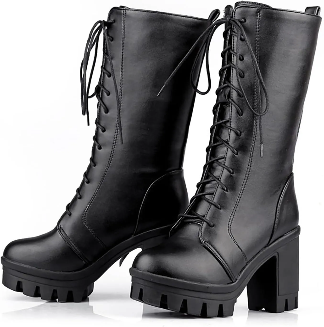 Black Boots For Women Women's Gothic Platform Thick High Heels Boots Villi Inner Layer Mid Calf Lace Up Casual Boots