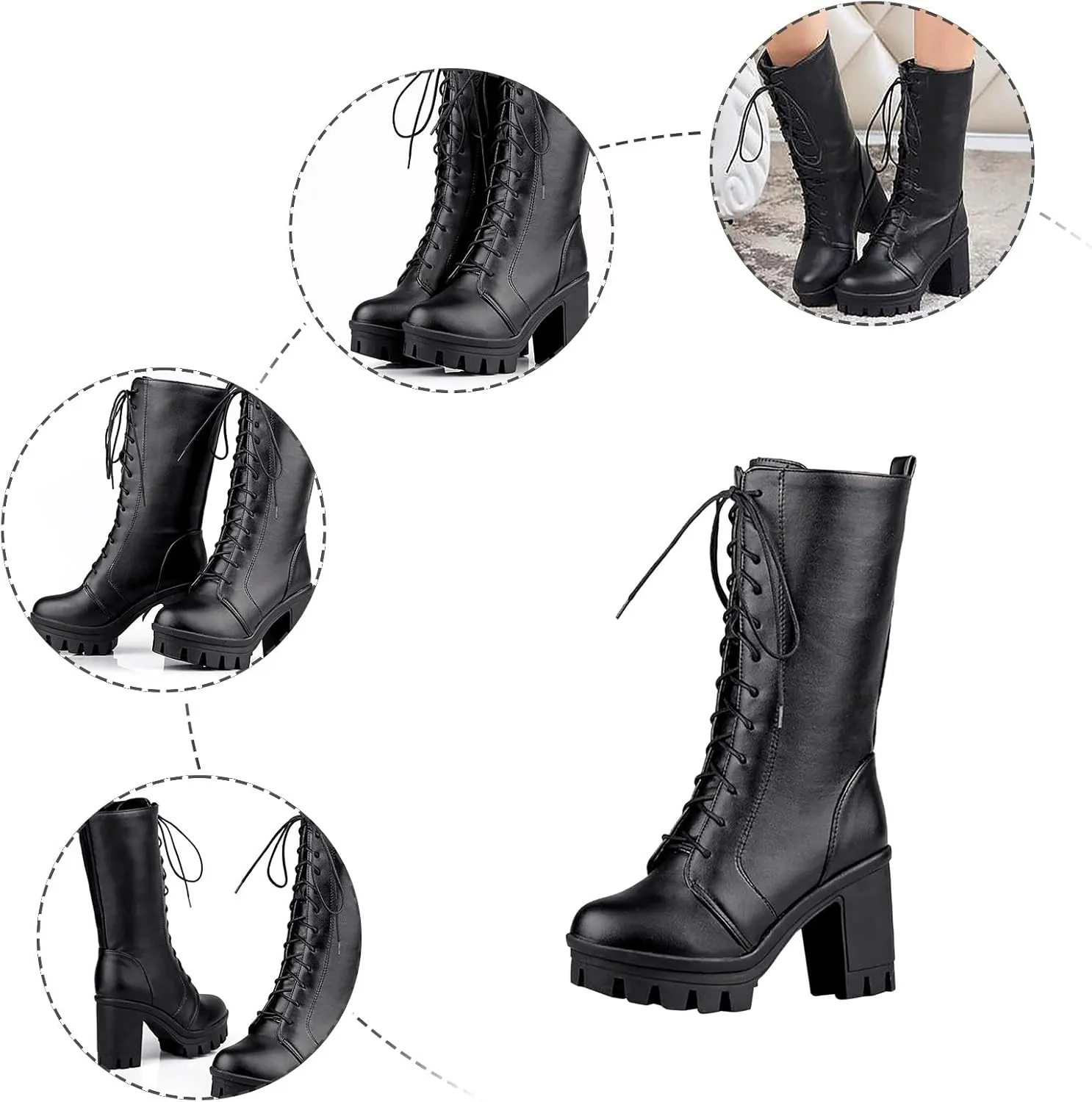 Black Boots For Women Women's Gothic Platform Thick High Heels Boots Villi Inner Layer Mid Calf Lace Up Casual Boots