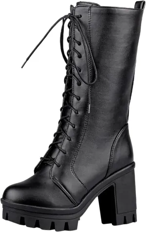 Black Boots For Women Women's Gothic Platform Thick High Heels Boots Villi Inner Layer Mid Calf Lace Up Casual Boots