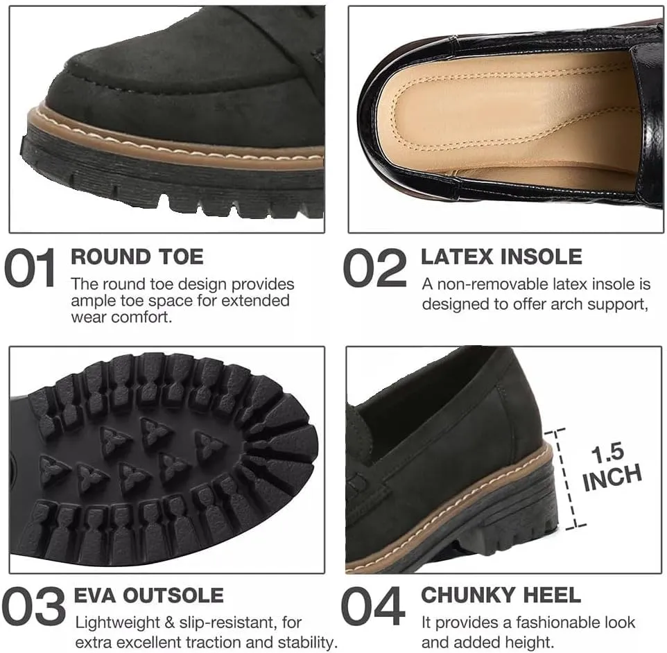 Bootara Loafers Women,Women's Plus Size Casual Retro Suede Loafers,with Chunky Heel Platform,Comfortable Slip on Work