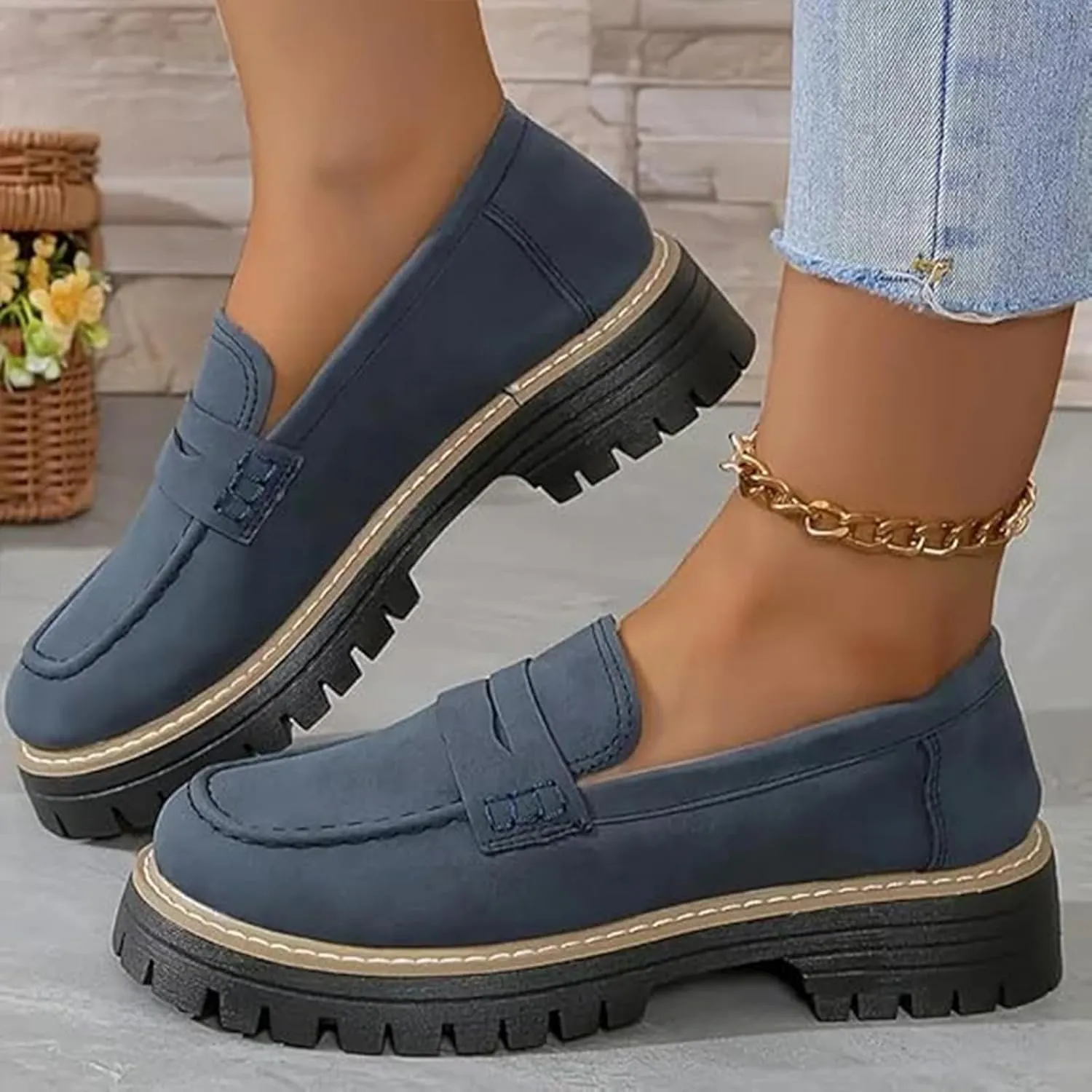 Bootara Loafers Women,Women's Plus Size Casual Retro Suede Loafers,with Chunky Heel Platform,Comfortable Slip on Work