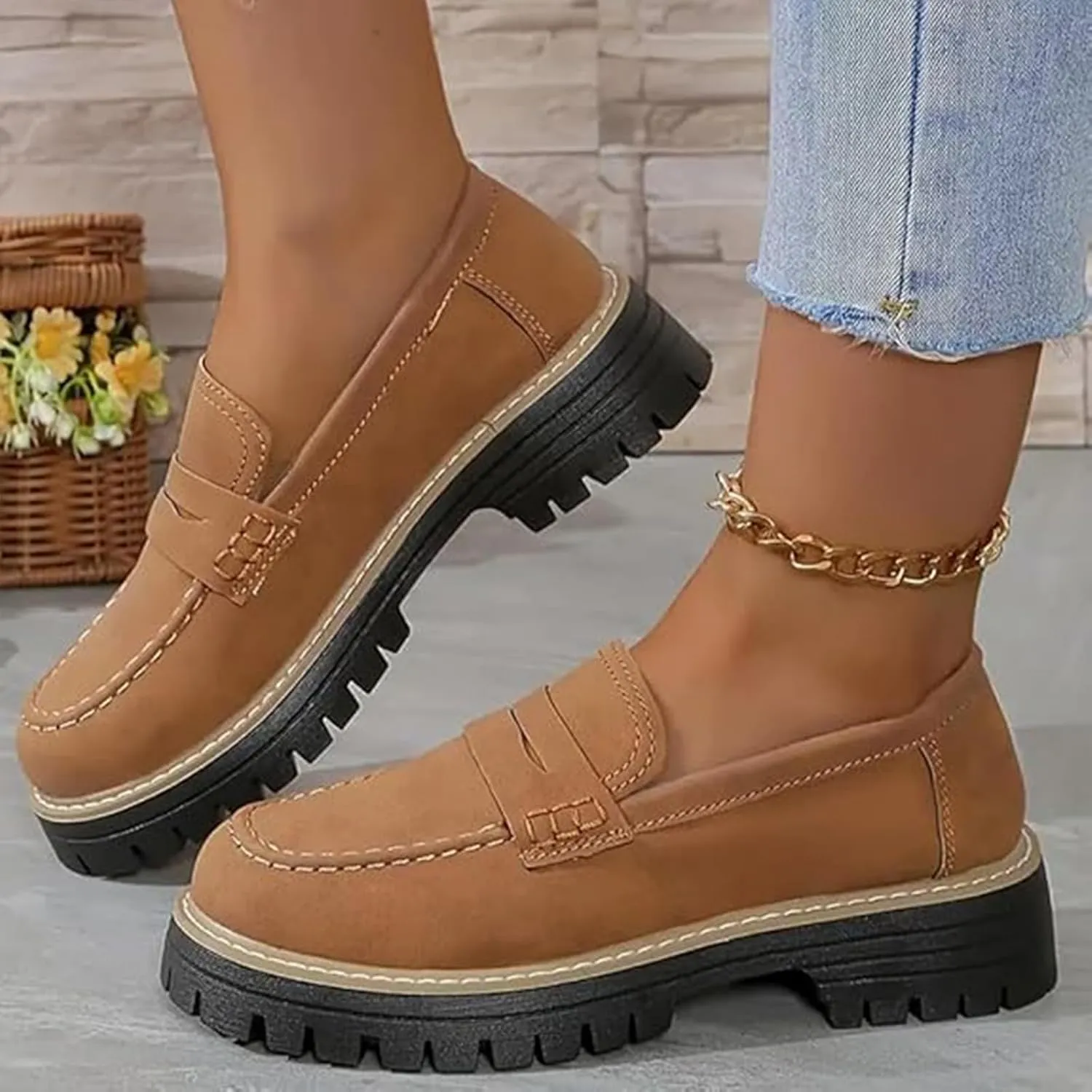 Bootara Loafers Women,Women's Plus Size Casual Retro Suede Loafers,with Chunky Heel Platform,Comfortable Slip on Work