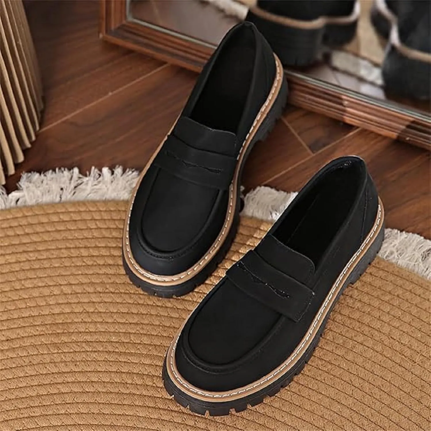 Bootara Women's Plus Size Casual Retro Suede Loafers with Chunky Heel Platform, Bootara Loafers for Women