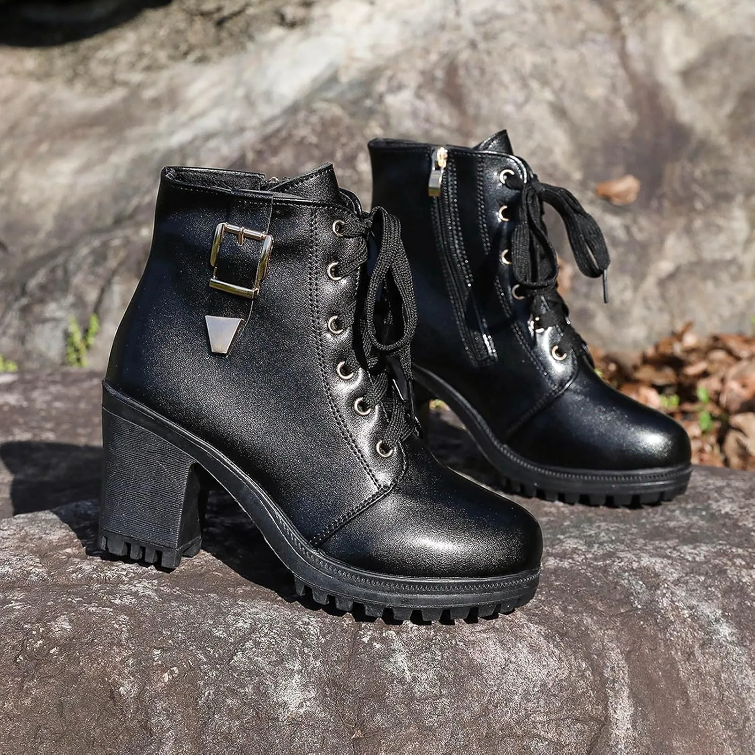 Boots for Women Ankle Booties Brown Boots for Women Casual Round Head High Heel Thick Bottom Lace Up Leather Boots