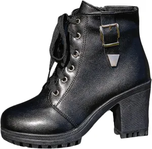 Boots for Women Ankle Booties Brown Boots for Women Casual Round Head High Heel Thick Bottom Lace Up Leather Boots