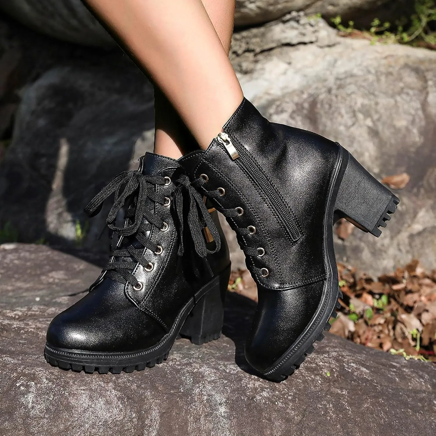 Boots for Women Ankle Booties Brown Boots for Women Casual Round Head High Heel Thick Bottom Lace Up Leather Boots