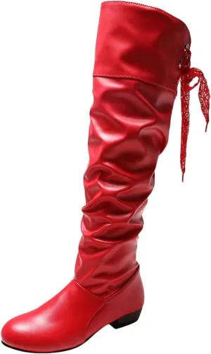 Boots for Women Knee High Cowboy Boots for Women Leather Round Toe Outdoor Fashion Lightweight Slip on Flat Shoes