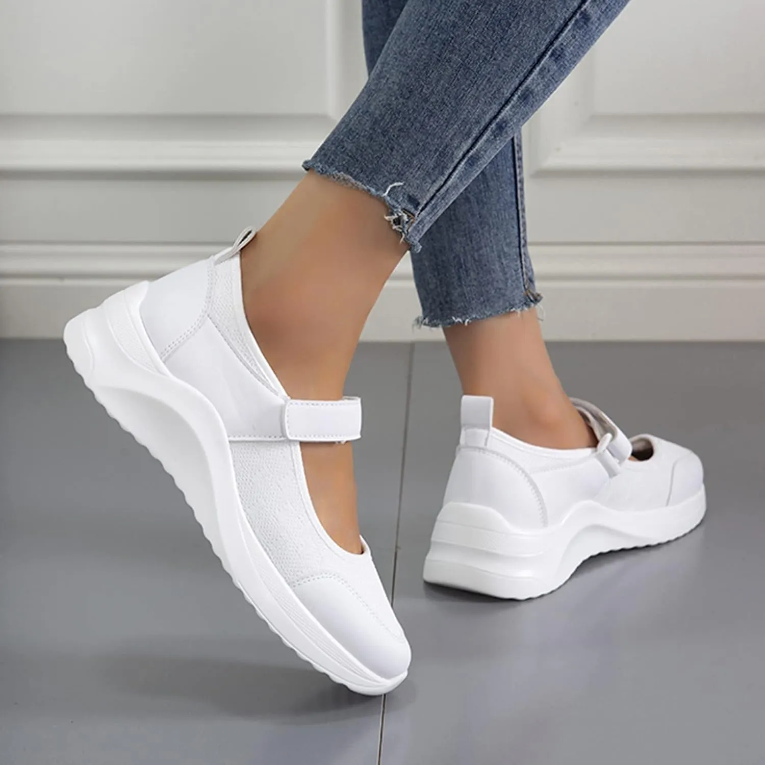 Breathable Fashion Sneakers for Women Outdoor Casual Fitness Shoes Soft Woven Hook and Loop Shoes Elderly Shoes