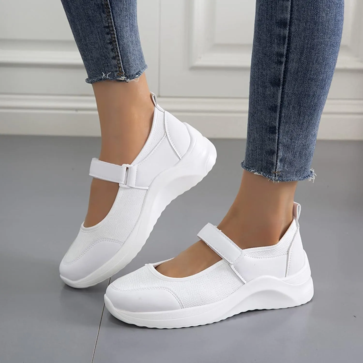 Breathable Fashion Sneakers for Women Outdoor Casual Fitness Shoes Soft Woven Hook and Loop Shoes Elderly Shoes