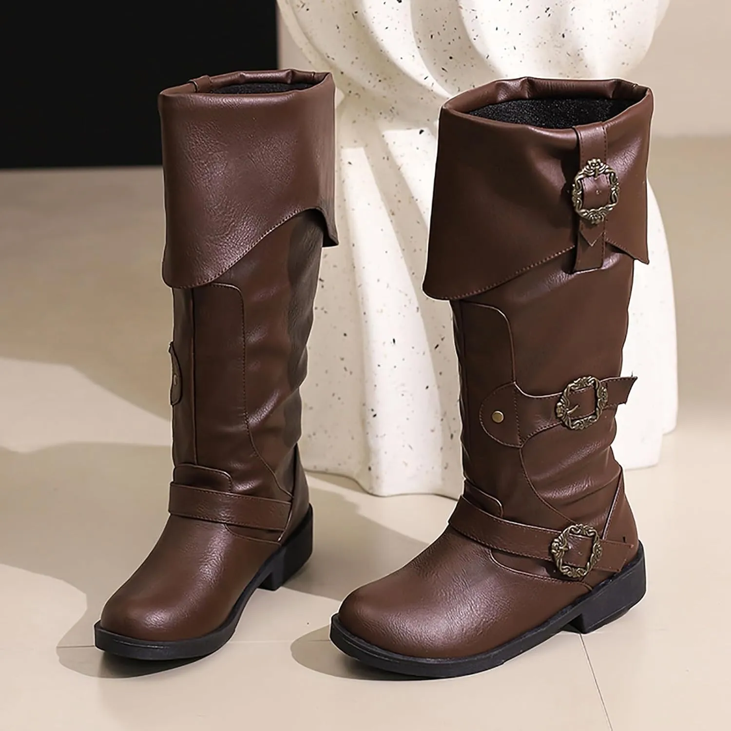 Cathalem Mid Calf Boots for Women Vintage Foldover Pirate Costume Boots Goth Buckle Strap Leather Boots Stylish Cosplay Shoes