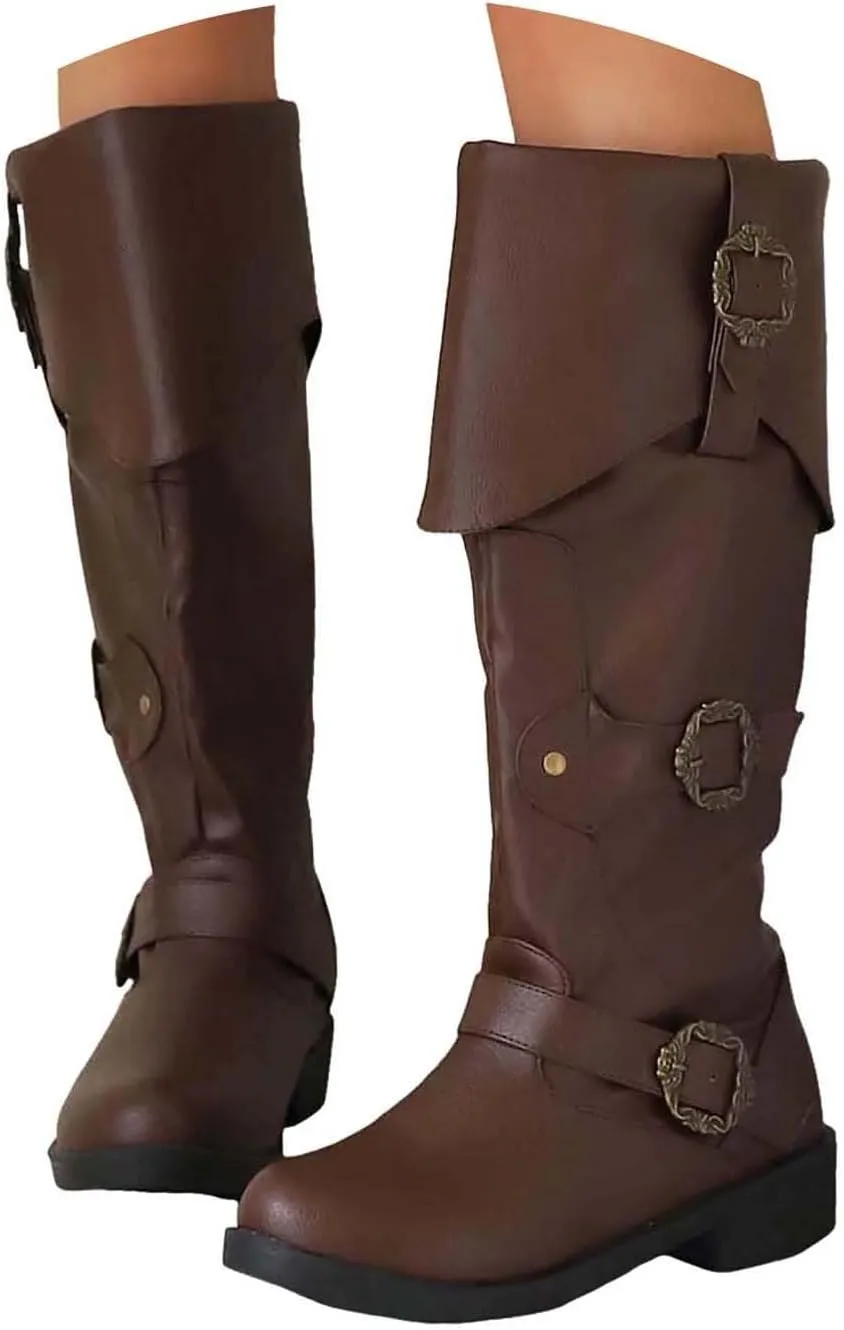 Cathalem Mid Calf Boots for Women Vintage Foldover Pirate Costume Boots Goth Buckle Strap Leather Boots Stylish Cosplay Shoes