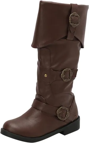 Cathalem Mid Calf Boots for Women Vintage Foldover Pirate Costume Boots Goth Buckle Strap Leather Boots Stylish Cosplay Shoes