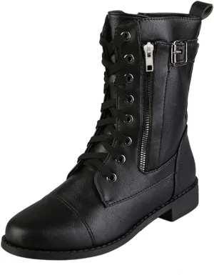 Combat Boots Womens PlatformMid Calf Boots for Women Low Heel Leather Boots Zipper Mid Calf Boots Casual Shoes
