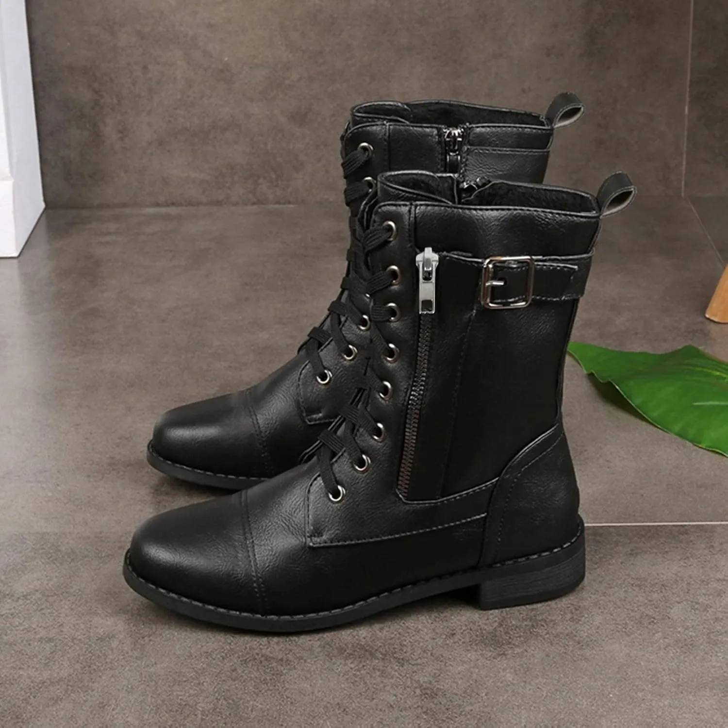 Combat Boots Womens PlatformMid Calf Boots for Women Low Heel Leather Boots Zipper Mid Calf Boots Casual Shoes