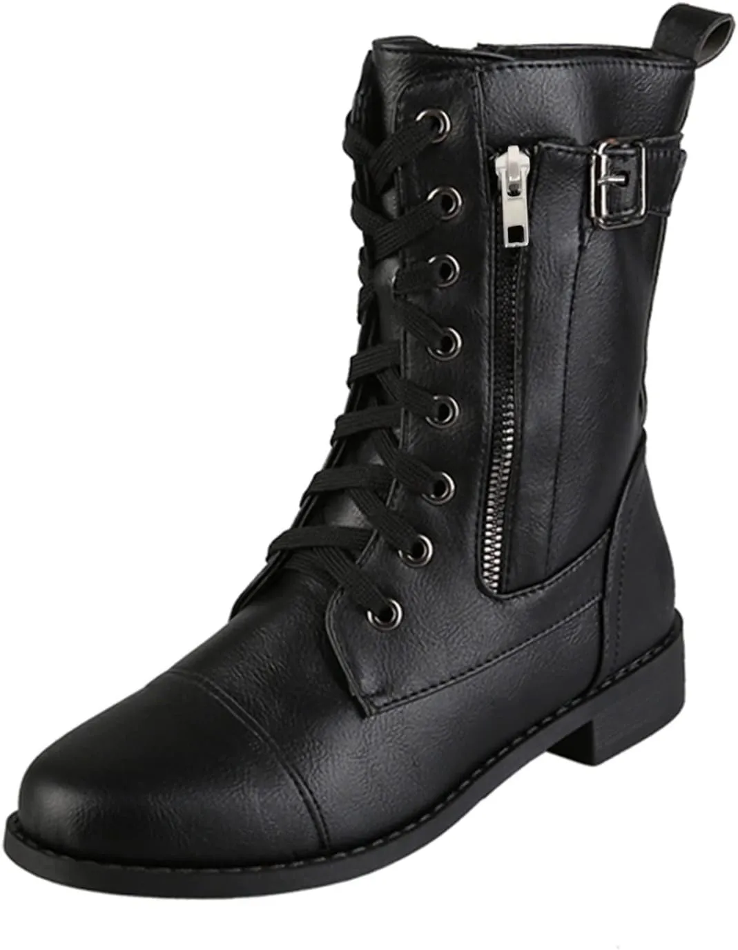 Combat Boots Womens PlatformMid Calf Boots for Women Low Heel Leather Boots Zipper Mid Calf Boots Casual Shoes