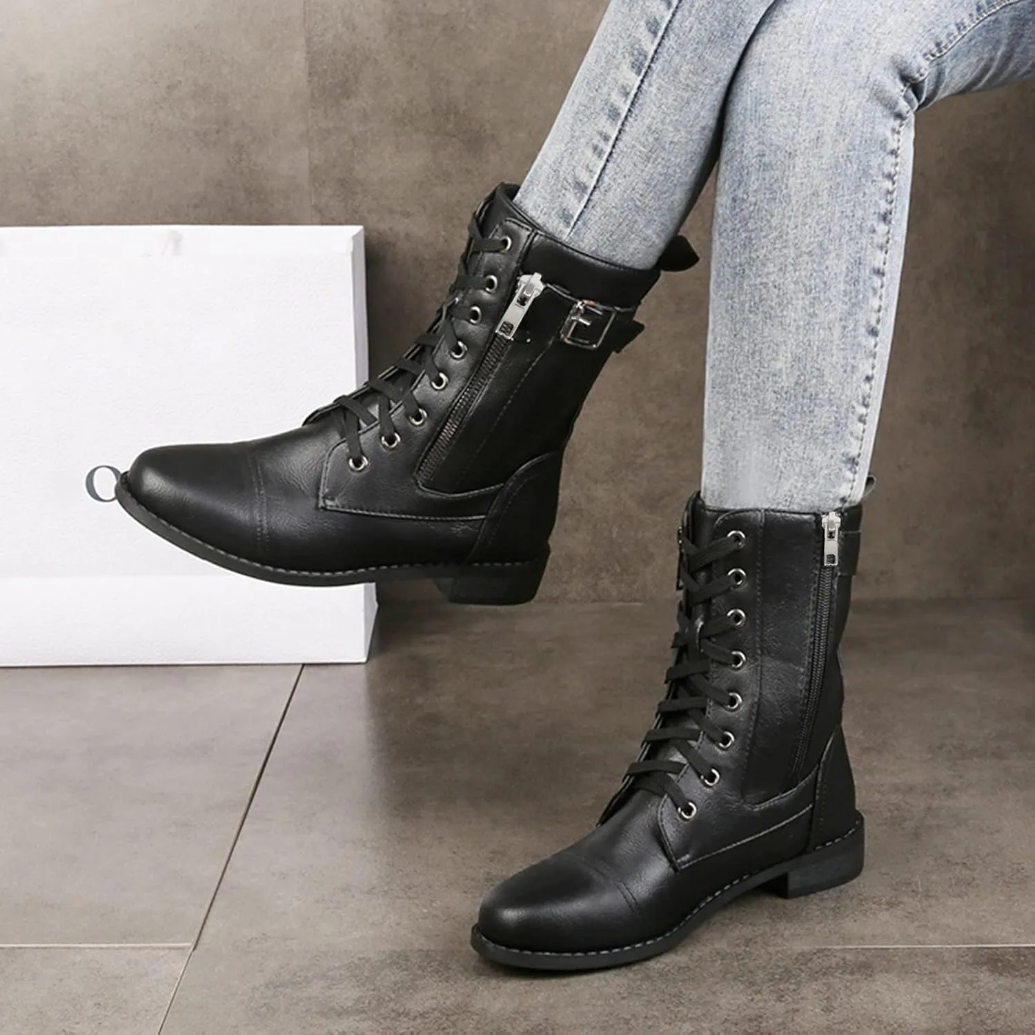 Combat Boots Womens PlatformMid Calf Boots for Women Low Heel Leather Boots Zipper Mid Calf Boots Casual Shoes