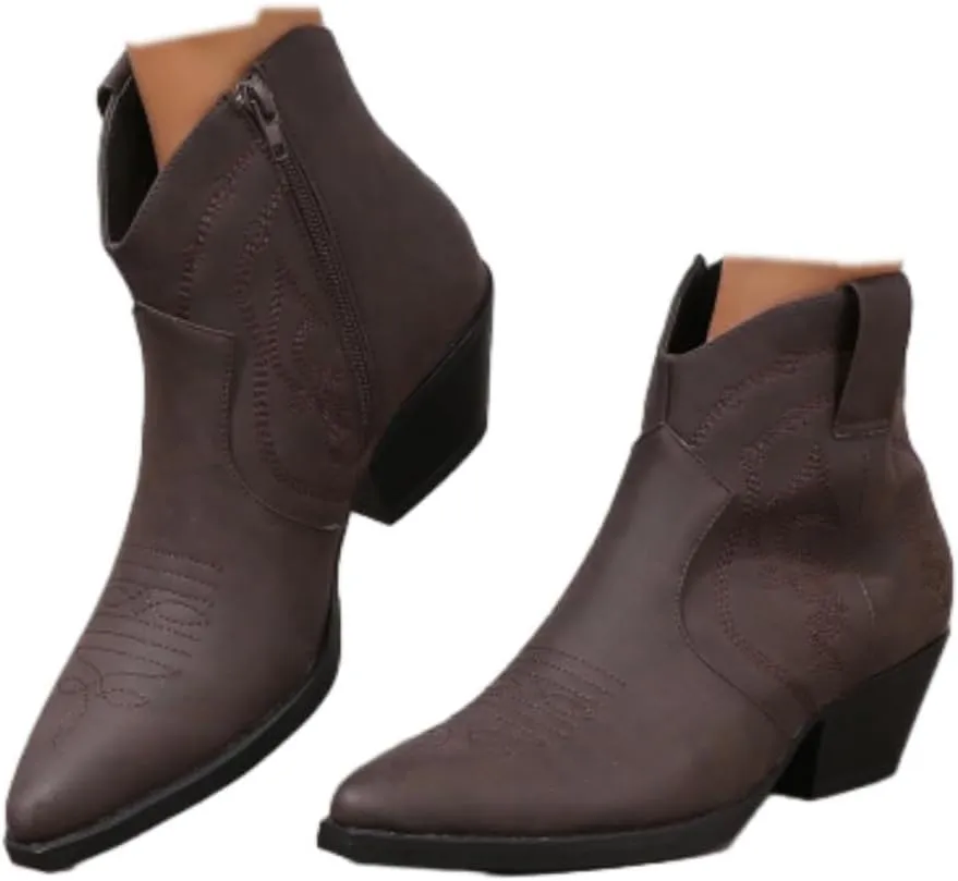 Cowboy Boots for Women Cowgirl Ankle Western Embroidered Stitched Pointed Toe Cutout Chunky Heels Short Booties