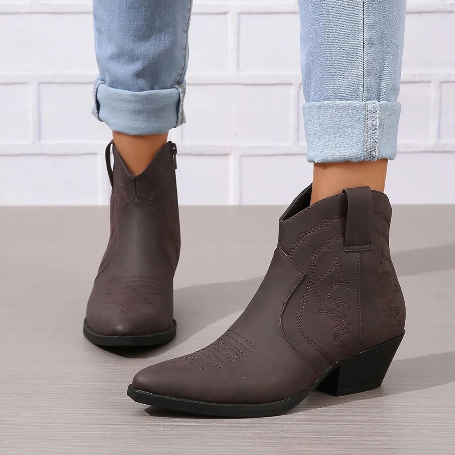 Cowboy Boots for Women Cowgirl Ankle Western Embroidered Stitched Pointed Toe Cutout Chunky Heels Short Booties