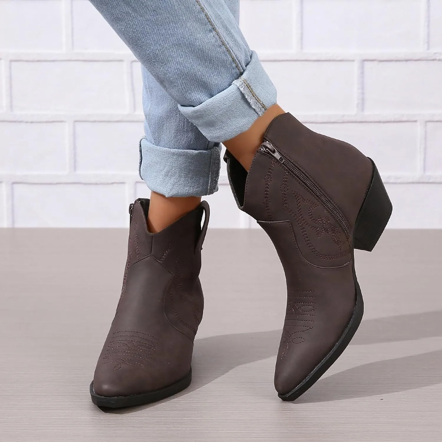 Cowboy Boots for Women Cowgirl Ankle Western Embroidered Stitched Pointed Toe Cutout Chunky Heels Short Booties