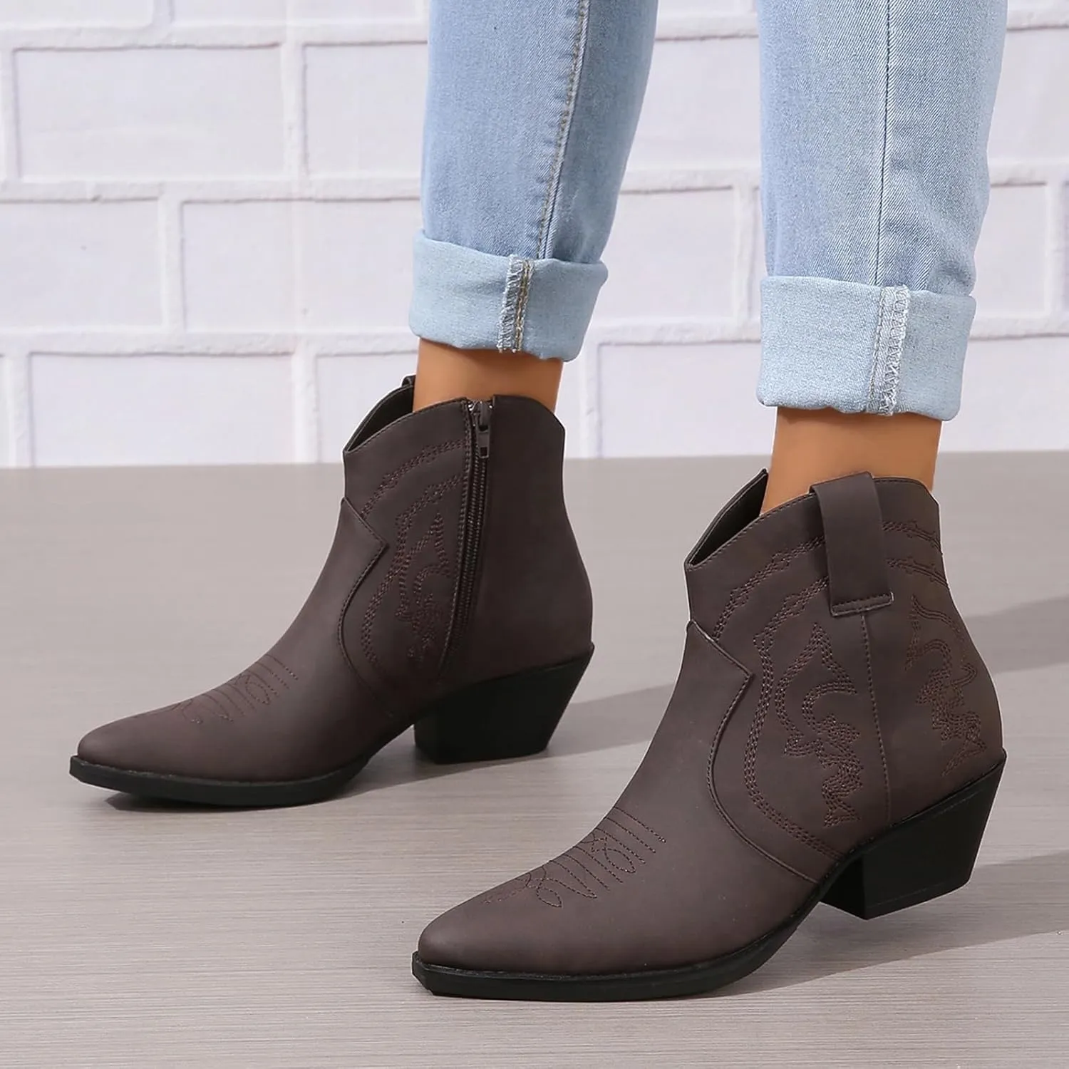 Cowboy Boots for Women Cowgirl Ankle Western Embroidered Stitched Pointed Toe Cutout Chunky Heels Short Booties