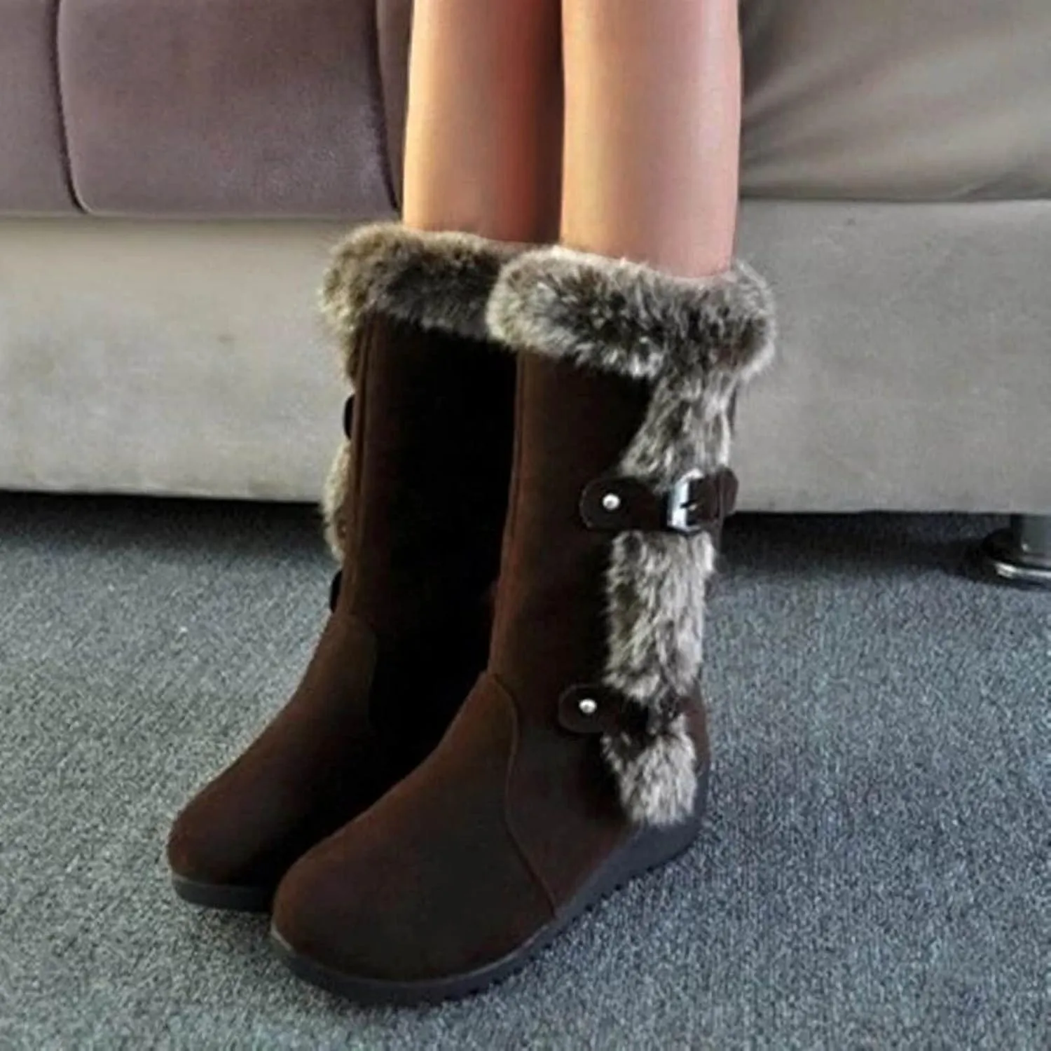 Cowboy Boots For Women Plus Fleece Furry Snow Boots Cotton Wedge Mid-Calf Winter Ankle Short Bootie Warm Shoes
