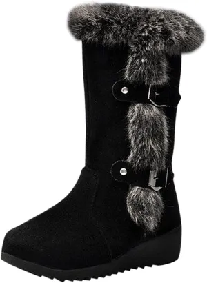 Cowboy Boots For Women Plus Fleece Furry Snow Boots Cotton Wedge Mid-Calf Winter Ankle Short Bootie Warm Shoes