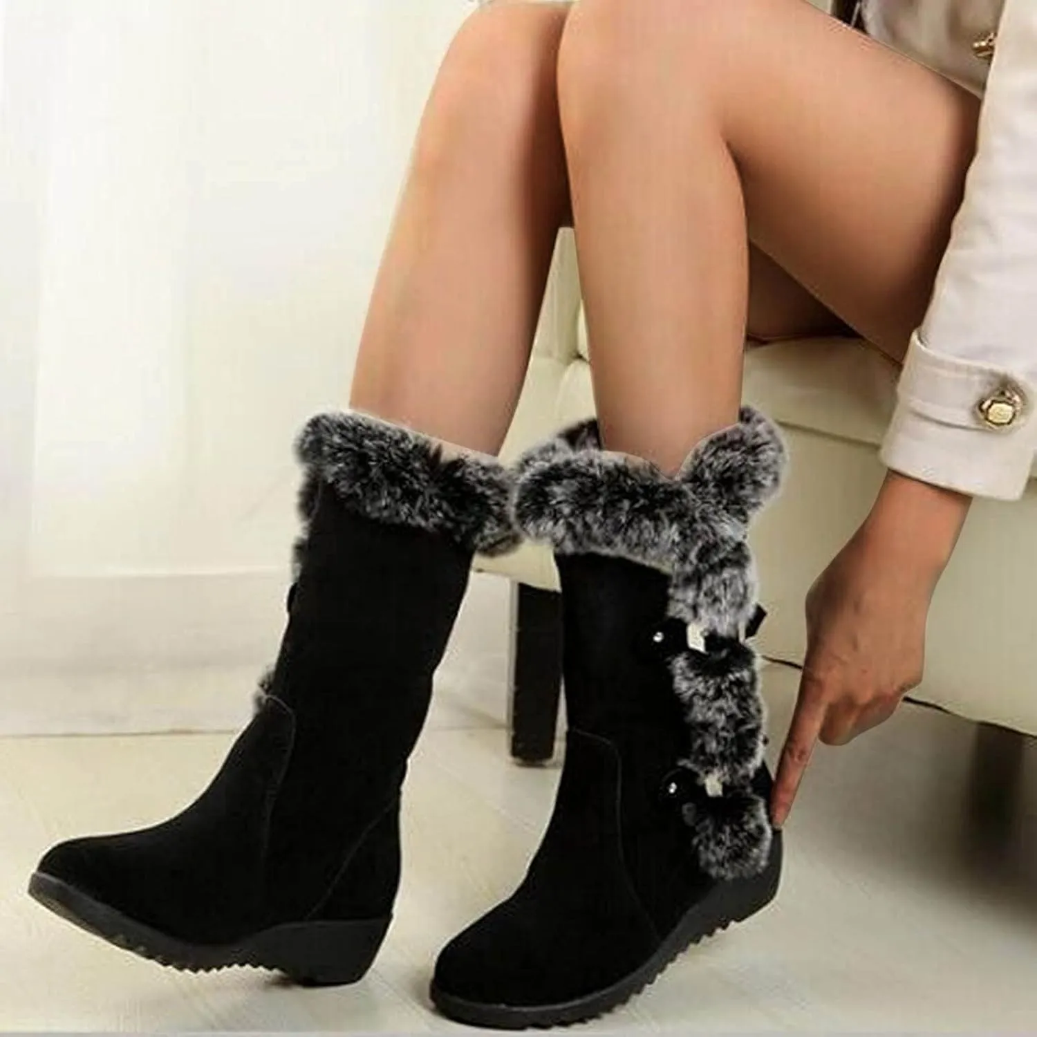 Cowboy Boots For Women Plus Fleece Furry Snow Boots Cotton Wedge Mid-Calf Winter Ankle Short Bootie Warm Shoes