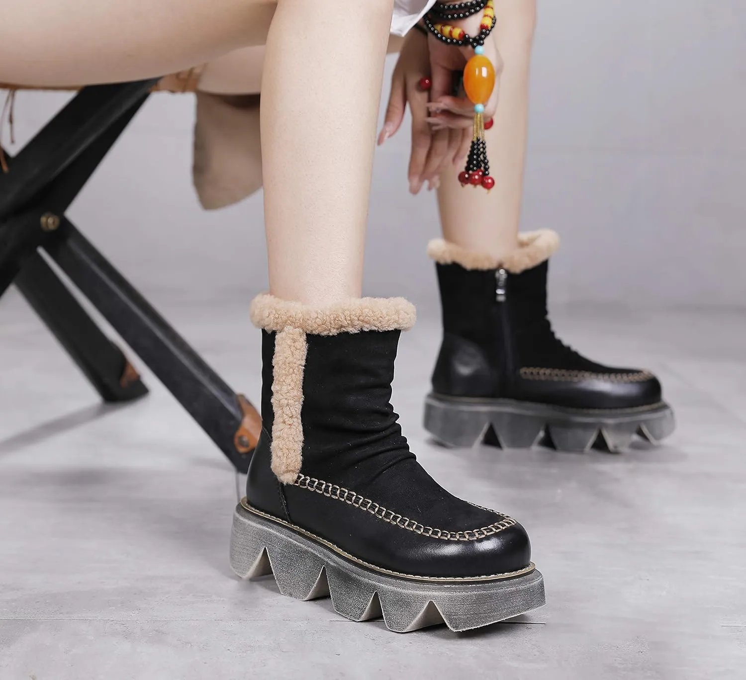 CrazycatZ Womens Leather Snow Boots Platform Leather snow Boots