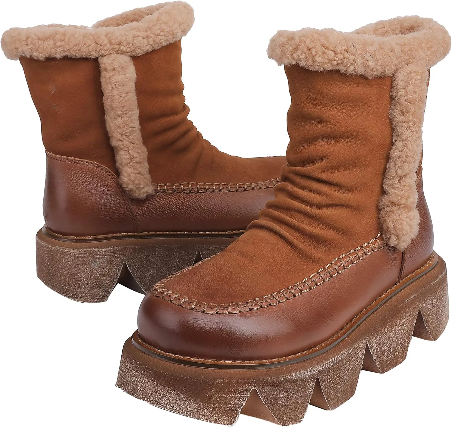 CrazycatZ Womens Leather Snow Boots Platform Leather snow Boots