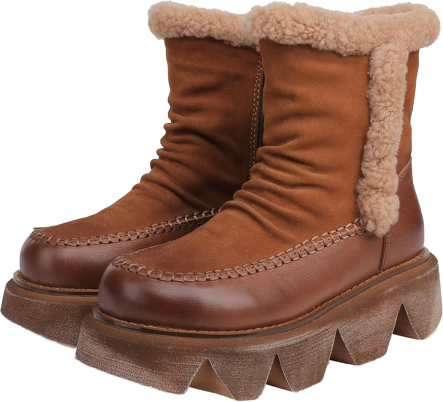 CrazycatZ Womens Leather Snow Boots Platform Leather snow Boots