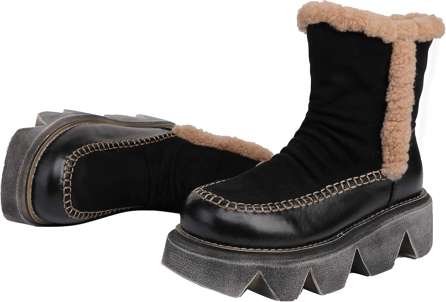CrazycatZ Womens Leather Snow Boots Platform Leather snow Boots