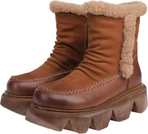 CrazycatZ Womens Leather Snow Boots Platform Leather snow Boots