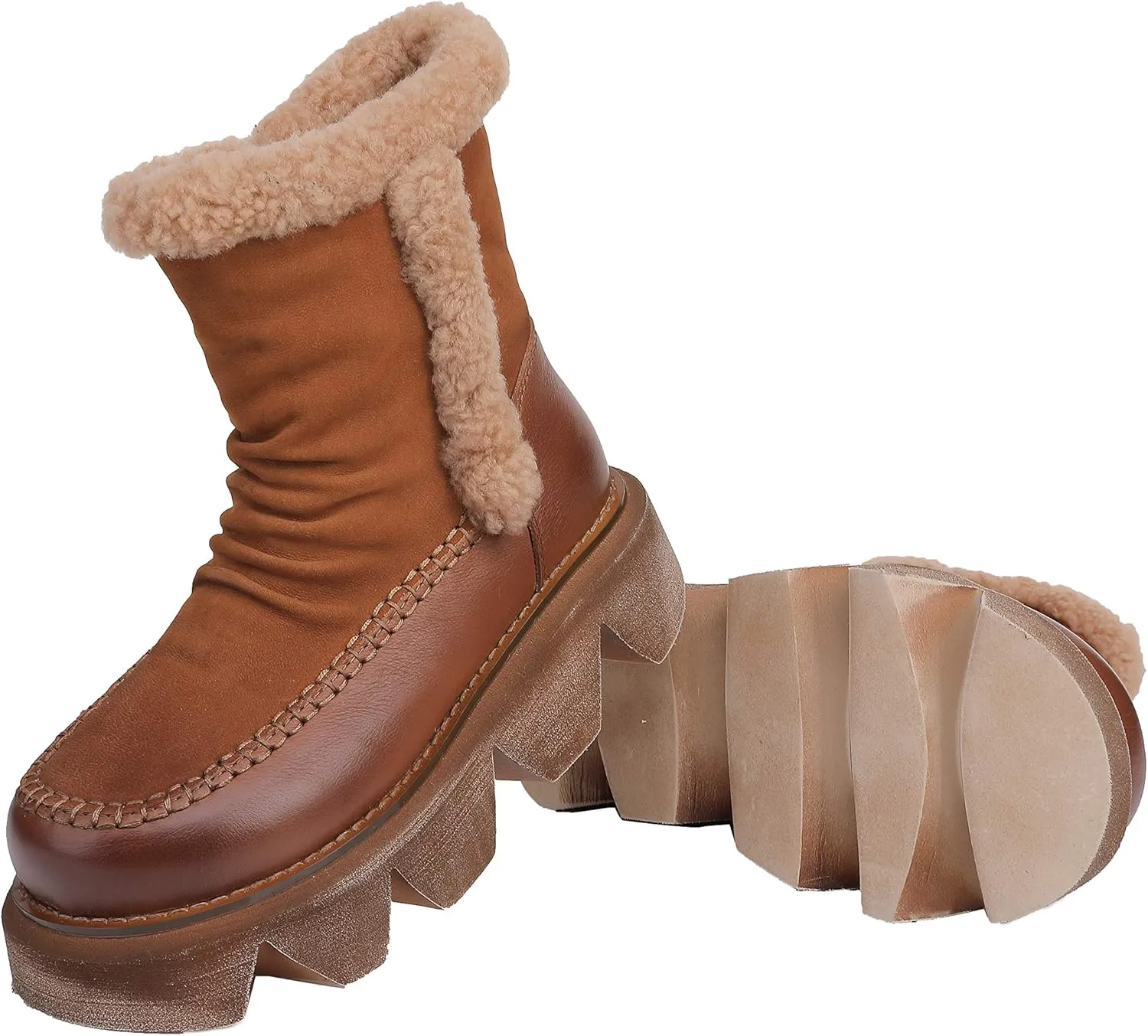CrazycatZ Womens Leather Snow Boots Platform Leather snow Boots