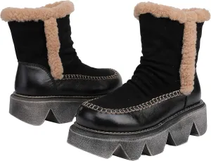 CrazycatZ Womens Leather Snow Boots Platform Leather snow Boots