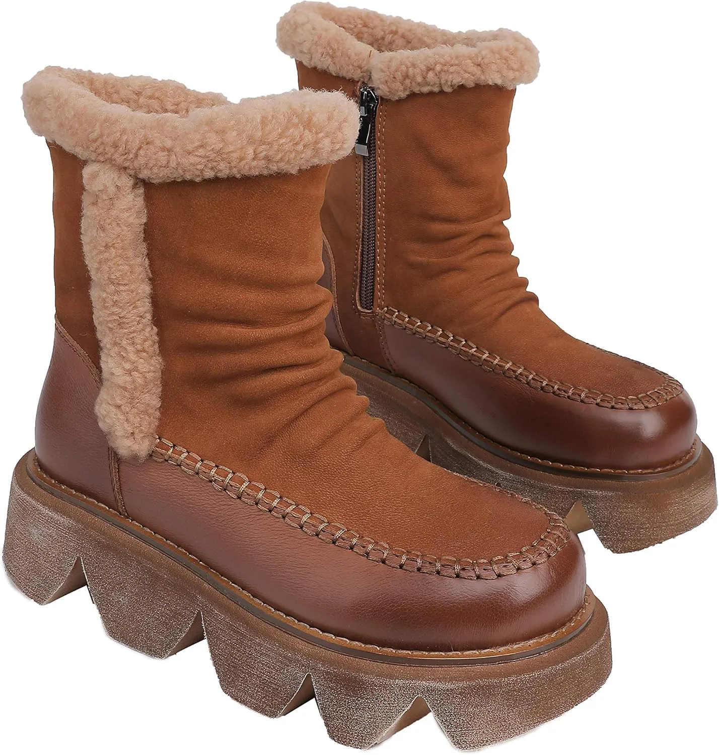 CrazycatZ Womens Leather Snow Boots Platform Leather snow Boots