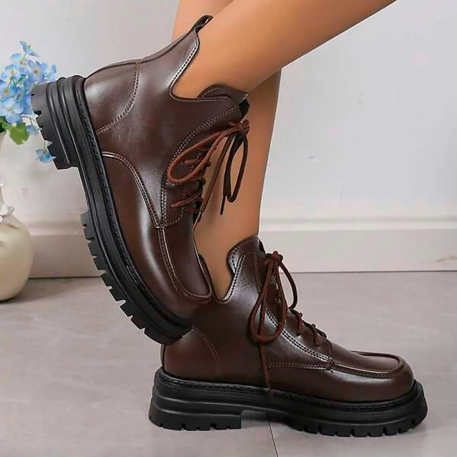 Crzidha Chunky Bottom Ankle Boots for Women,High Top Lace Up Leather Boots Waterproof Non-Slip Lug Sole Chelsea Booties Lightweight Casual Winter Fall Walking Flat Shoes