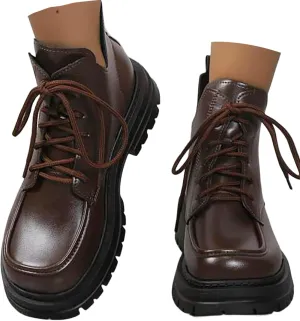 Crzidha Chunky Bottom Ankle Boots for Women,High Top Lace Up Leather Boots Waterproof Non-Slip Lug Sole Chelsea Booties Lightweight Casual Winter Fall Walking Flat Shoes
