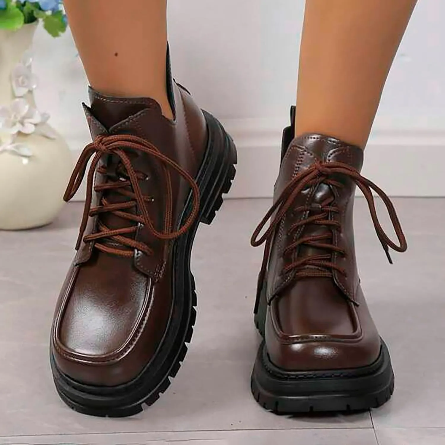 Crzidha Chunky Bottom Ankle Boots for Women,High Top Lace Up Leather Boots Waterproof Non-Slip Lug Sole Chelsea Booties Lightweight Casual Winter Fall Walking Flat Shoes
