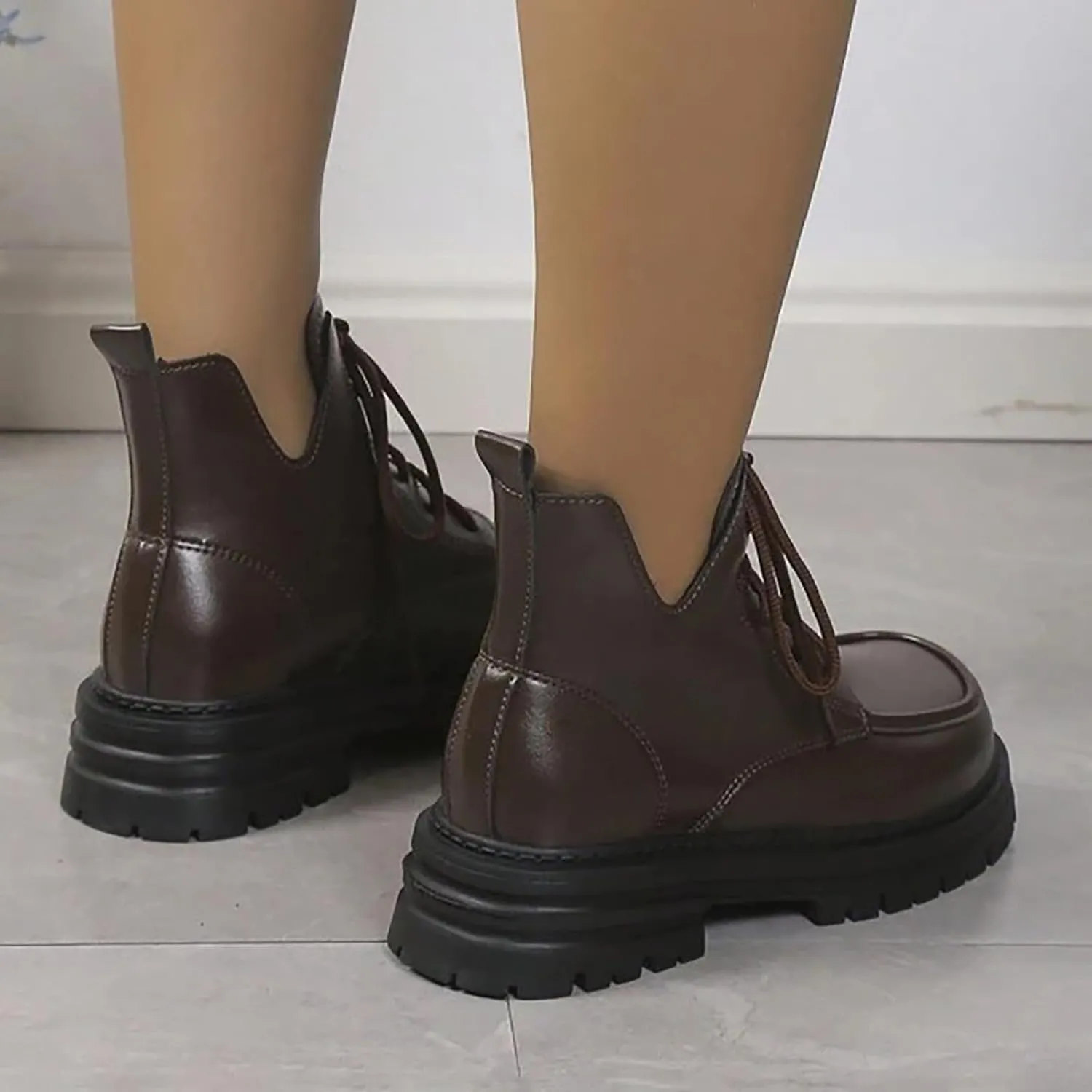 Crzidha Chunky Bottom Ankle Boots for Women,High Top Lace Up Leather Boots Waterproof Non-Slip Lug Sole Chelsea Booties Lightweight Casual Winter Fall Walking Flat Shoes