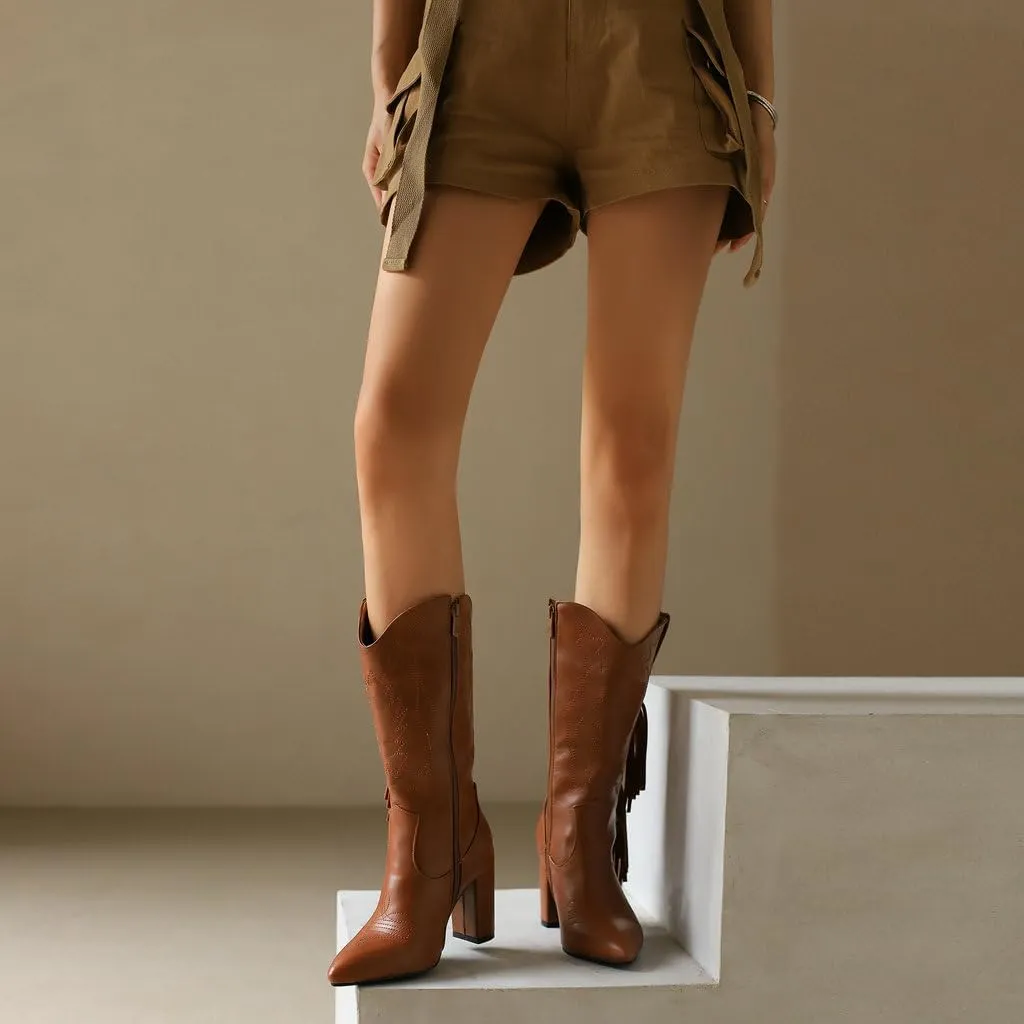 DINTAHA Fringe Cowboy Boots Mid Calf Cowgirl Boots for Women Pointed Toe Mid Calf Heeled Boots
