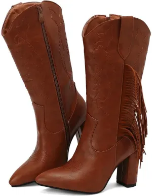 DINTAHA Fringe Cowboy Boots Mid Calf Cowgirl Boots for Women Pointed Toe Mid Calf Heeled Boots