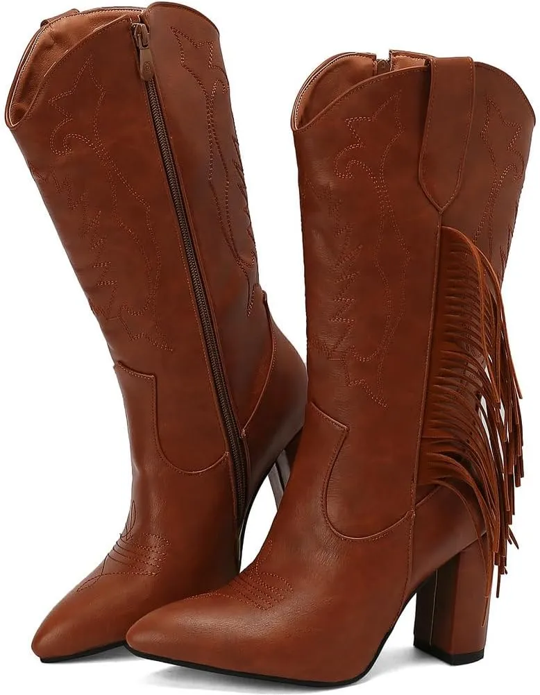 DINTAHA Fringe Cowboy Boots Mid Calf Cowgirl Boots for Women Pointed Toe Mid Calf Heeled Boots