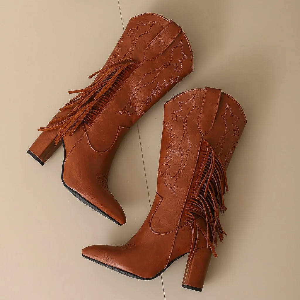 DINTAHA Fringe Cowboy Boots Mid Calf Cowgirl Boots for Women Pointed Toe Mid Calf Heeled Boots