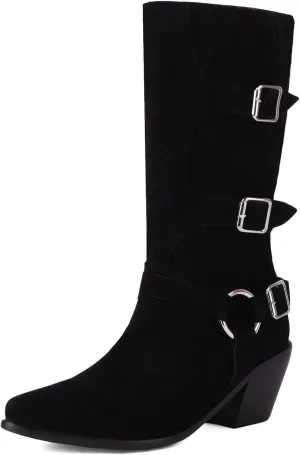 Elbslutt Wide Calf Riding Boots Buckles Square Toe Boots Chunky Heels Mid Calf Knee High Boots for Women