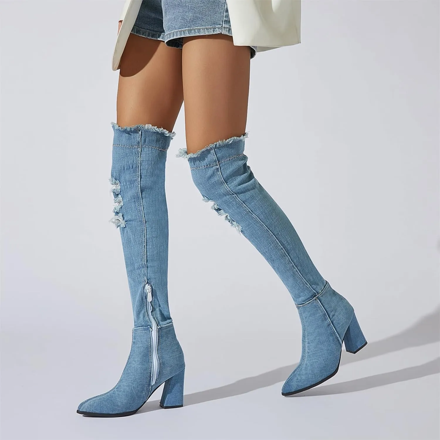 Elbslutt Women's Denim Ankle Boots Pointed Toe Booties Chunky Heeled Mid Calf Boots Zip up Dress Shoes