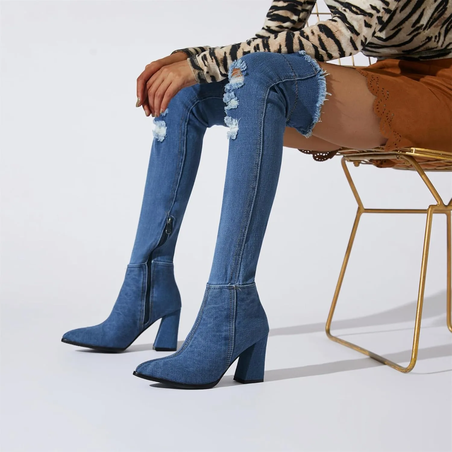 Elbslutt Women's Denim Ankle Boots Pointed Toe Booties Chunky Heeled Mid Calf Boots Zip up Dress Shoes