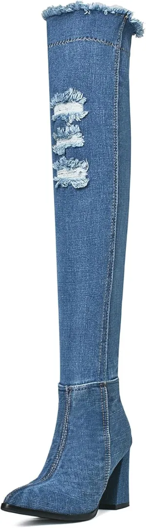 Elbslutt Women's Denim Ankle Boots Pointed Toe Booties Chunky Heeled Mid Calf Boots Zip up Dress Shoes