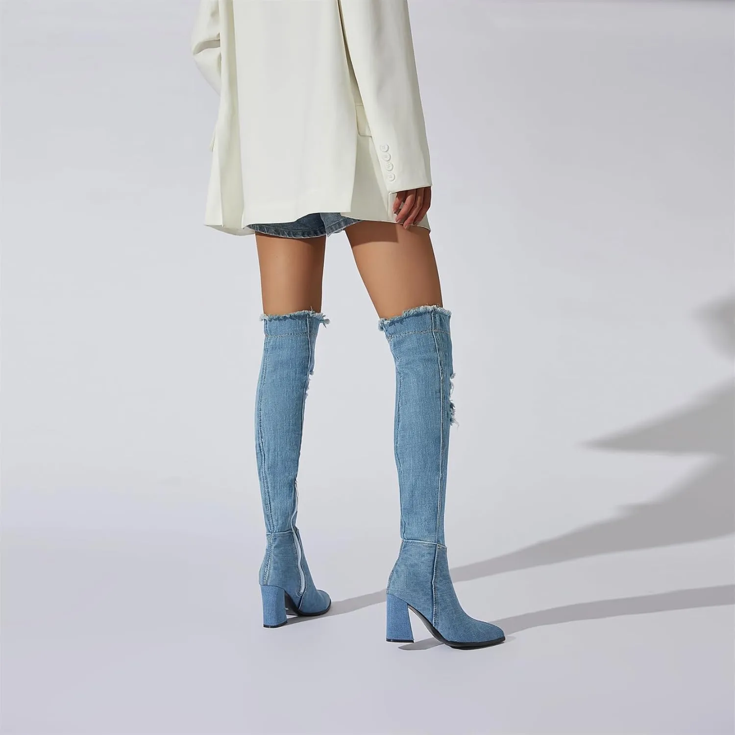 Elbslutt Women's Denim Ankle Boots Pointed Toe Booties Chunky Heeled Mid Calf Boots Zip up Dress Shoes