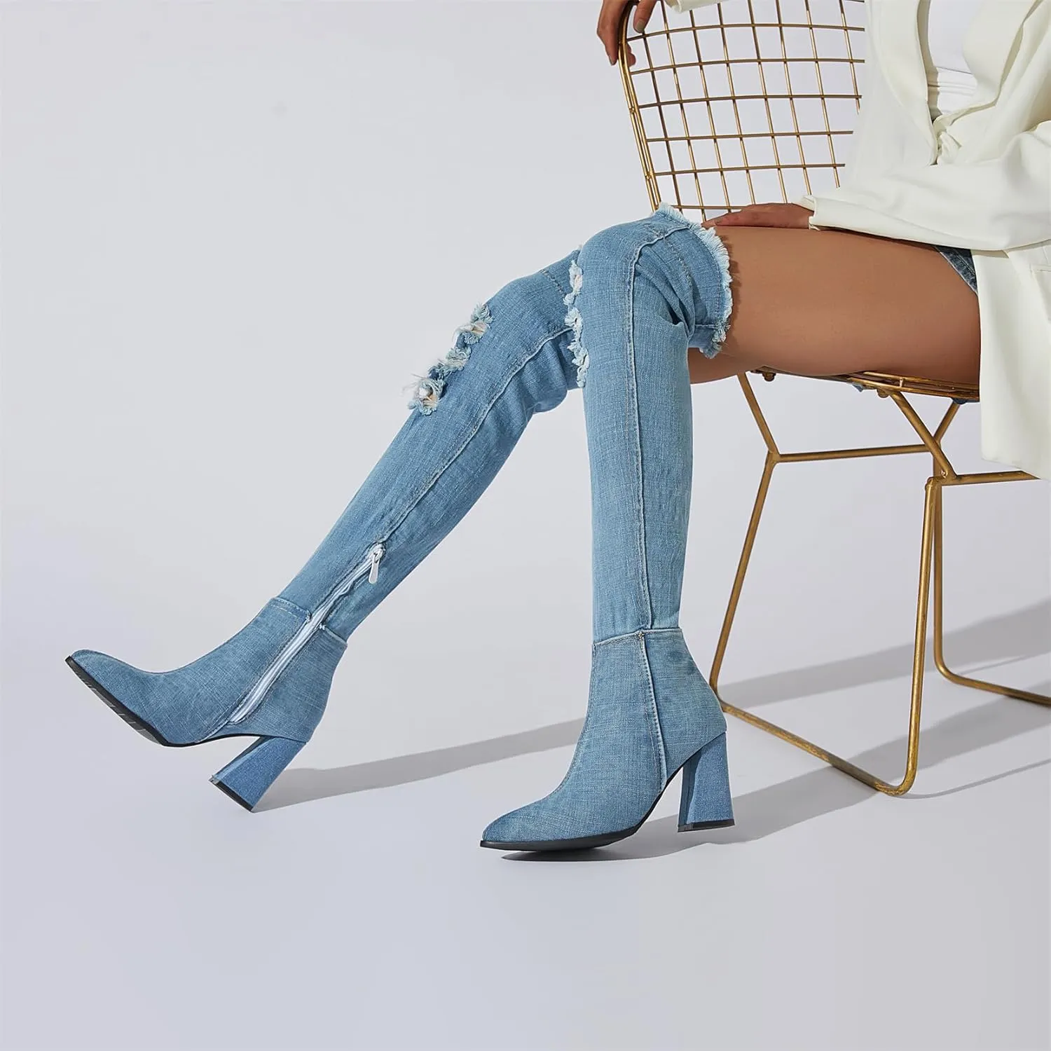 Elbslutt Women's Denim Ankle Boots Pointed Toe Booties Chunky Heeled Mid Calf Boots Zip up Dress Shoes